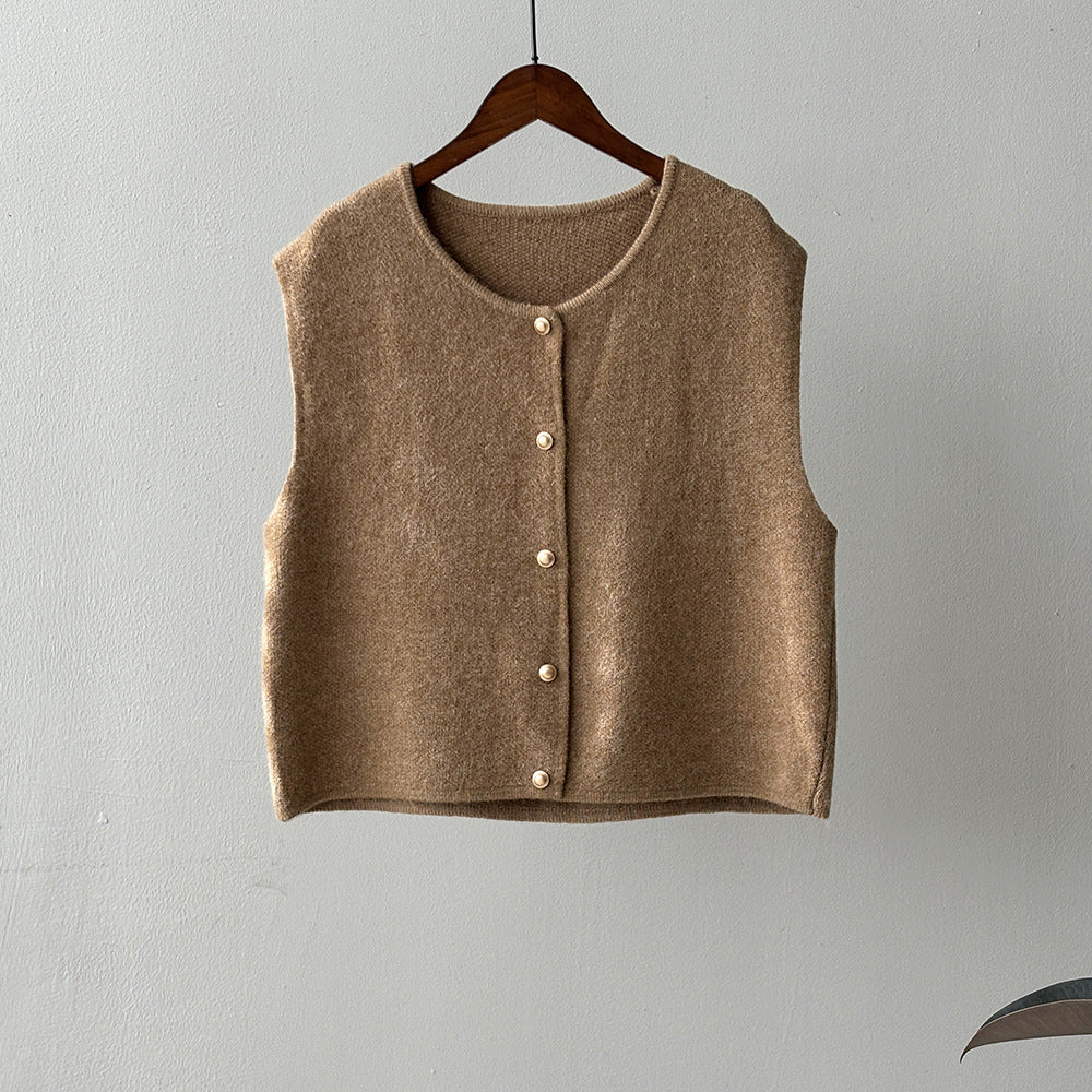 Brown knit vest with pearl buttons from Gentle Knitted Vest, a stylish ملابس option for fashion enthusiasts