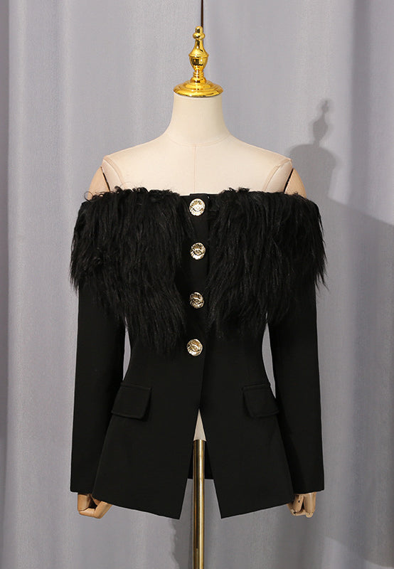 Elegant Langry black feathered fashion blazer with gold buttons