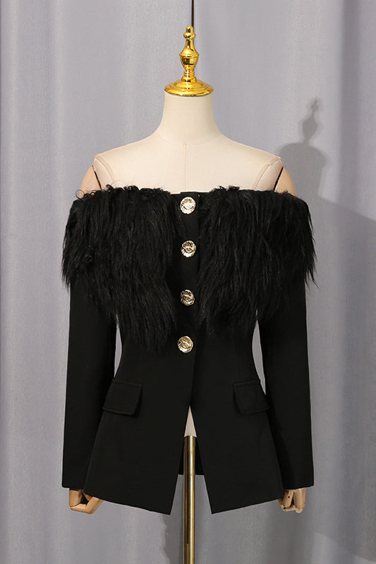 Elegant Langry black feathered fashion blazer with gold buttons