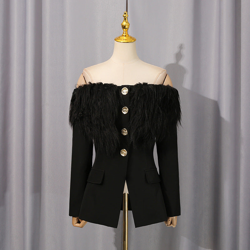 Elegant Langry black feathered fashion blazer with gold buttons