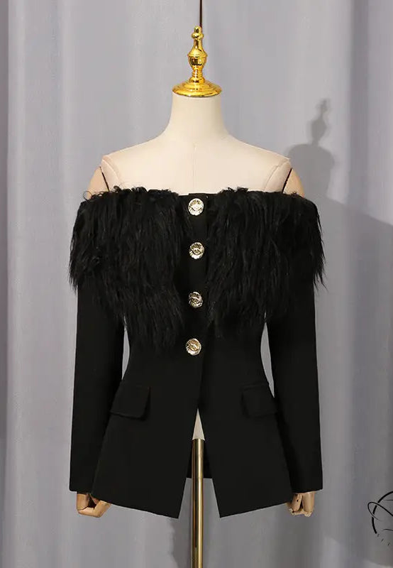 Elegant black feathered blazer with gold buttons in langry fashion