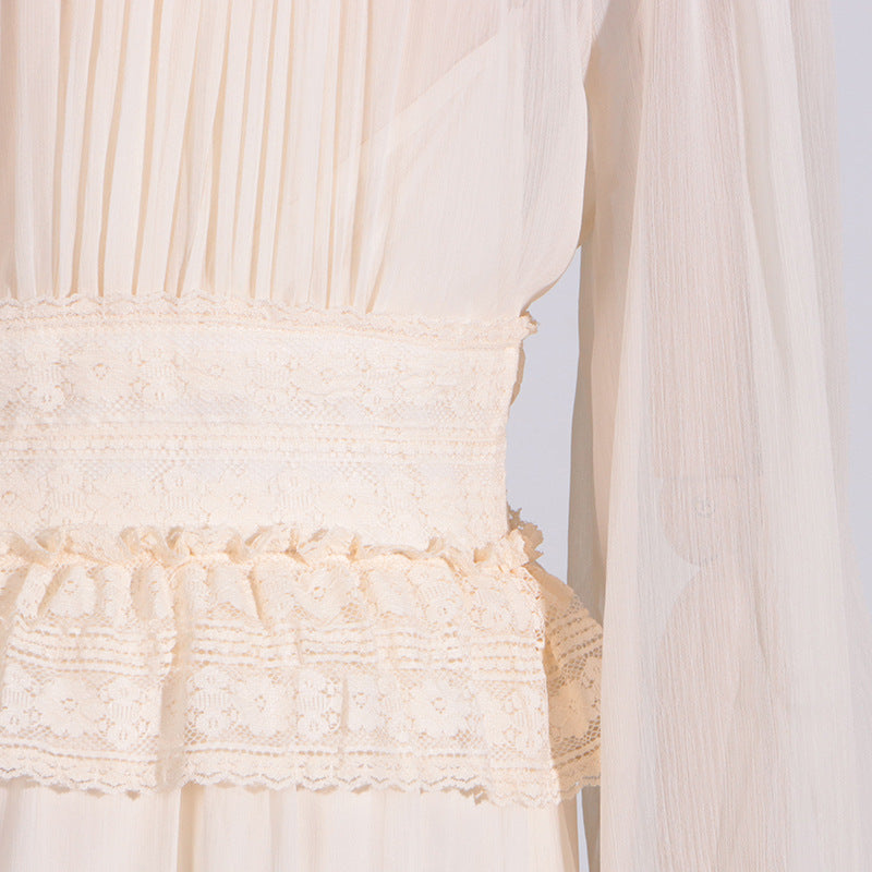 Cream-colored lace dress with puff sleeves from Langry Fashion, perfect for elegant ملابس