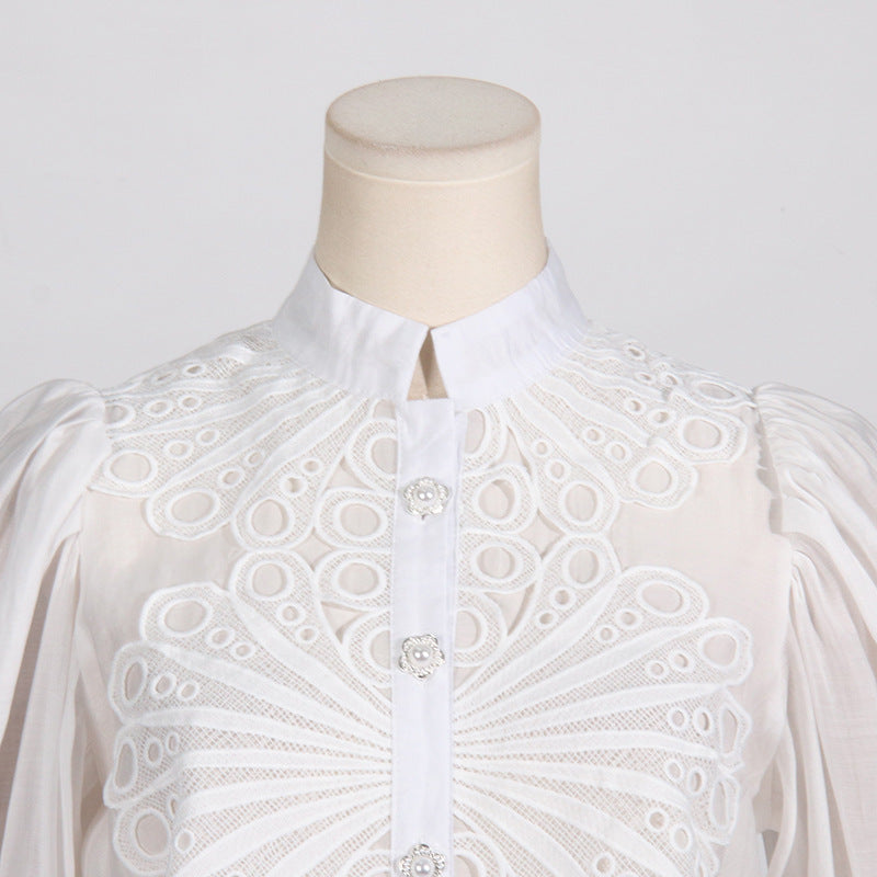 Elegant white eyelet blouse with jeweled buttons from French Artistic Palace Embroidery Jumpsuit for sophisticated fashion and ملابس style