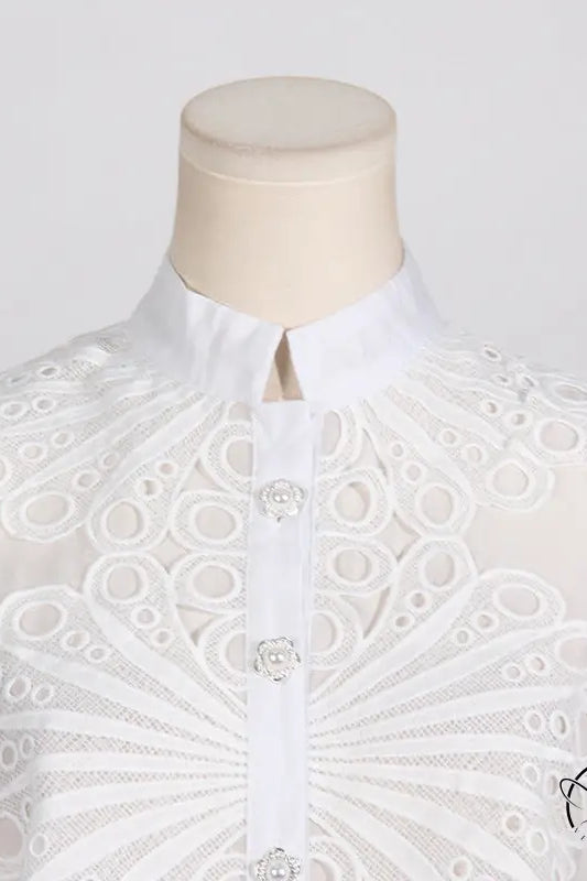 White eyelet blouse with jeweled buttons in French artistic palace embroidery jumpsuit