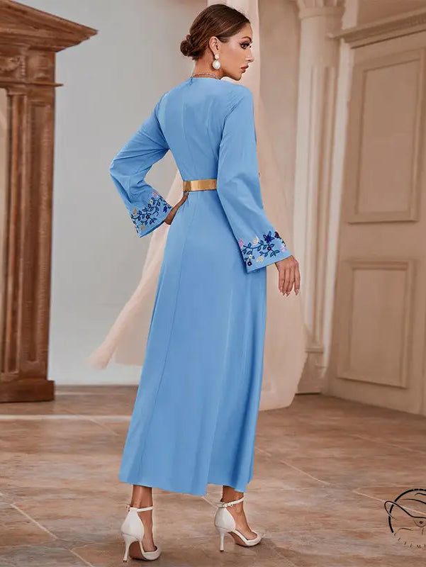 Light blue embroidered langry fashion maxi dress with gold belt