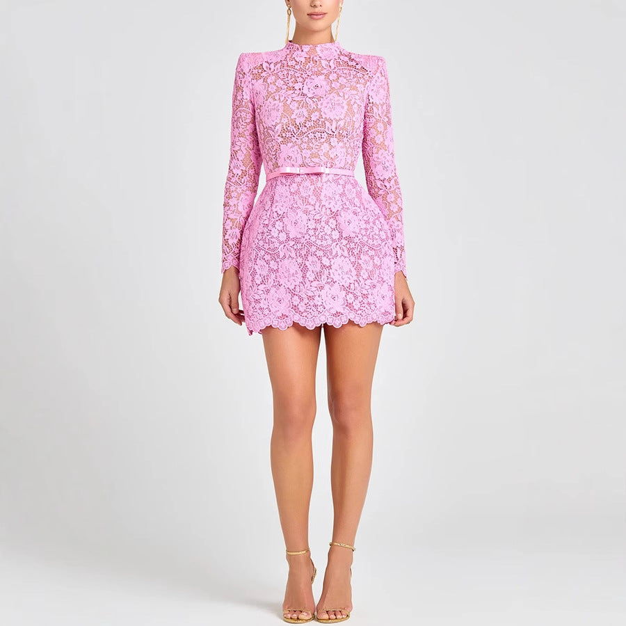 Lace Sheer Cutout Belt Slim Fit Long Sleeve Short Dress