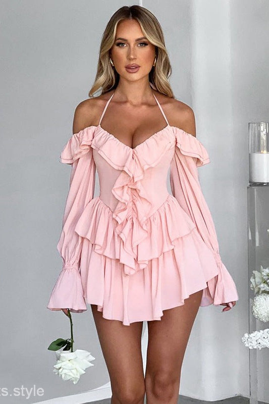 Pink ruffled mini dress featuring sexy halter low cut design for stylish evening wear