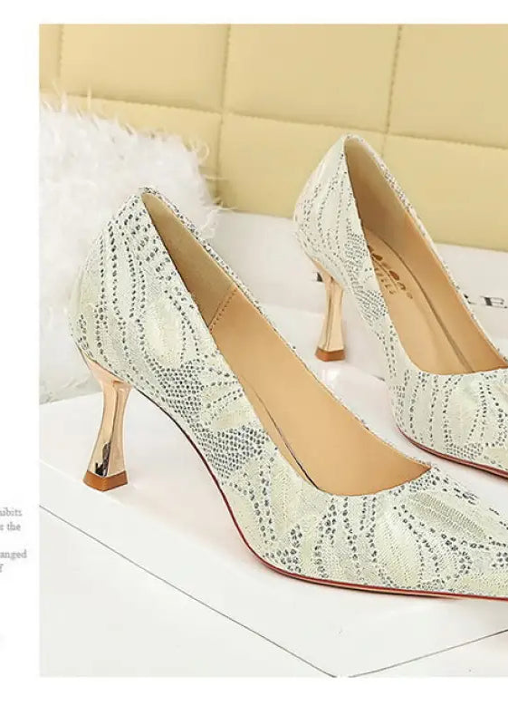 Langry fashion white snakeskin mid heel pumps with gold accents
