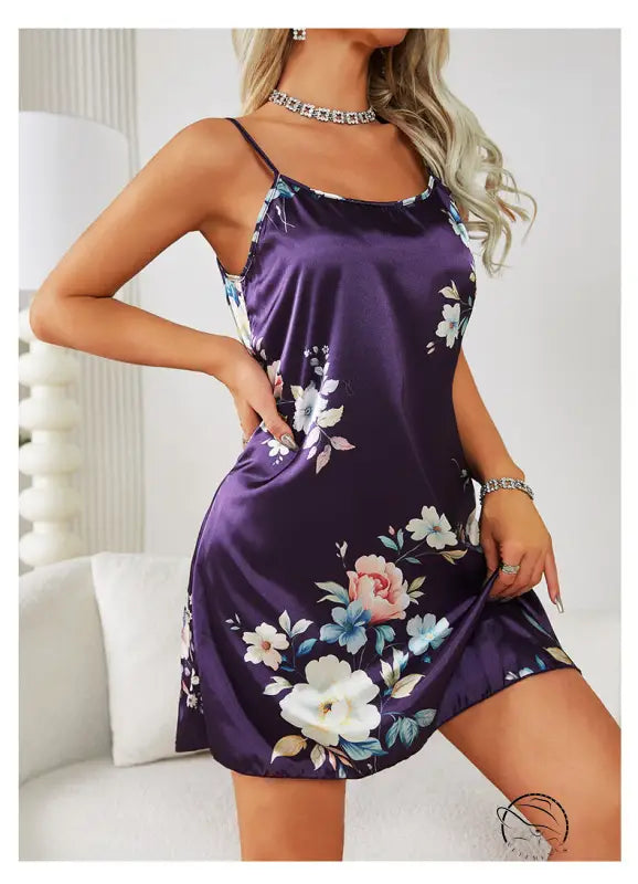 Purple ice silk strap night dress with floral satin pattern