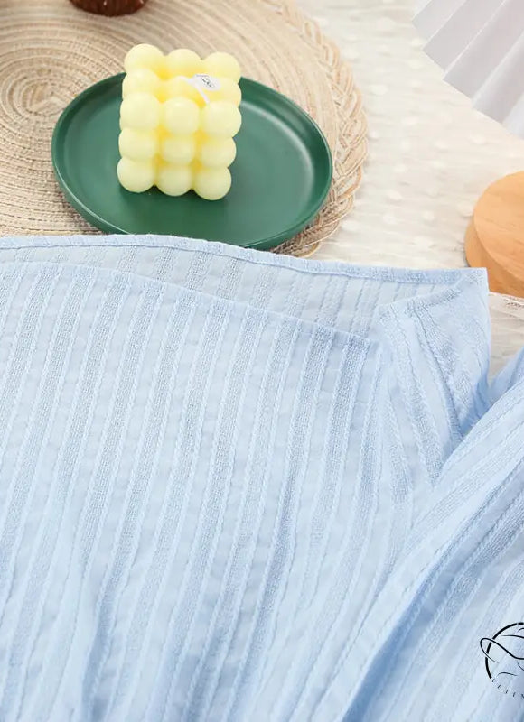 Light blue off-shoulder ribbed top in pure cotton long sleeves home wear set