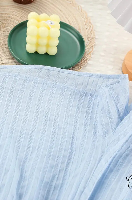 Light blue off-shoulder ribbed top in pure cotton long sleeves home wear set