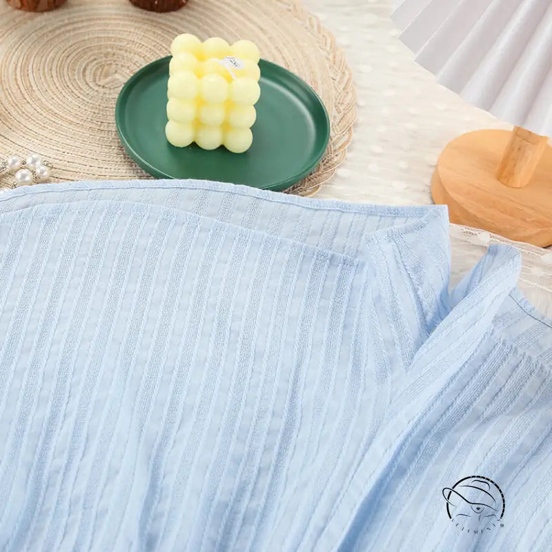 Light blue off-shoulder ribbed top in pure cotton long sleeves home wear set