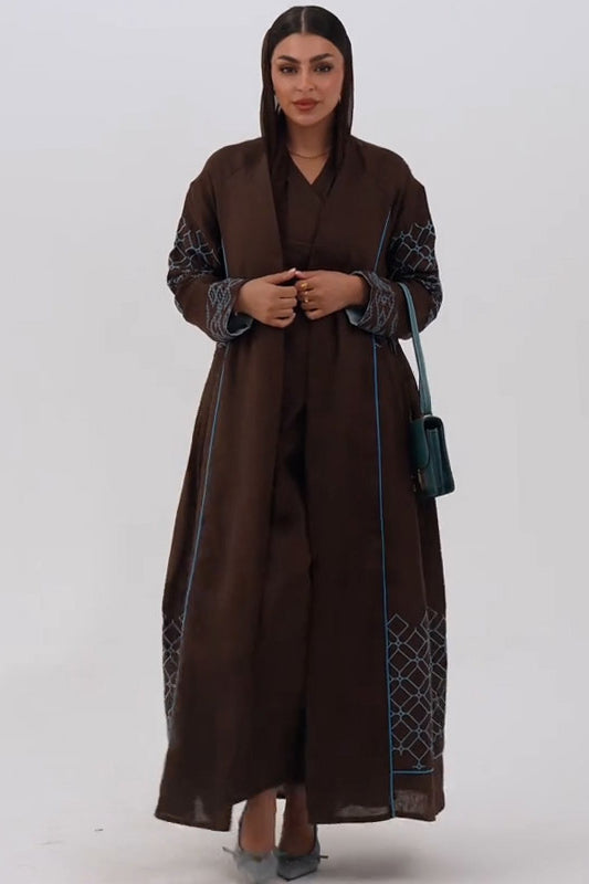 Brown abaya-style multicolor maxi dress with black lace and green side accent