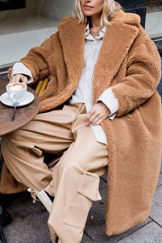 Cozy tan Langry casual faux fur coat with plush texture and wide collar