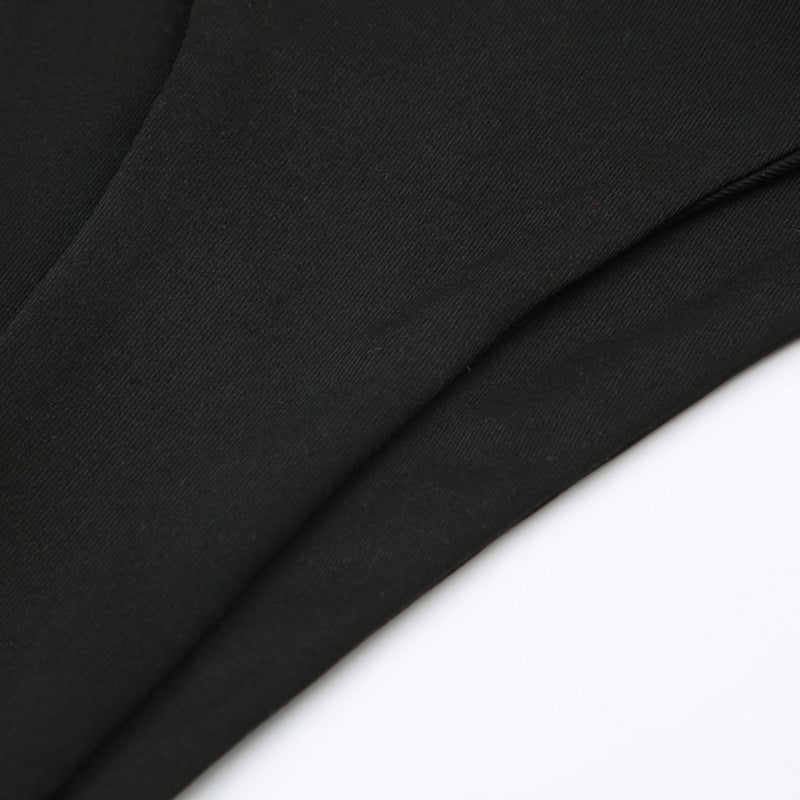 Black textured fabric for cutout square collar and irregular asymmetric collar top