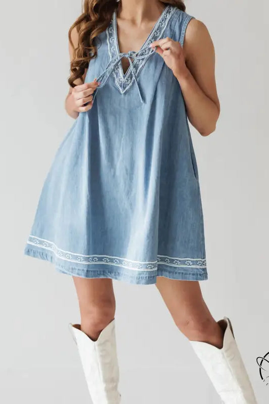 Beautiful embroidered vest denim dress in light blue