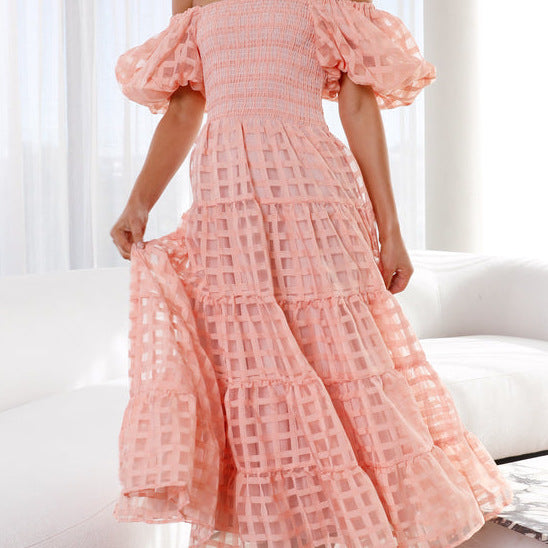 Off-the-shoulder pink tiered dress from Enchanting Lantern Sleeve Dress collection in fashion