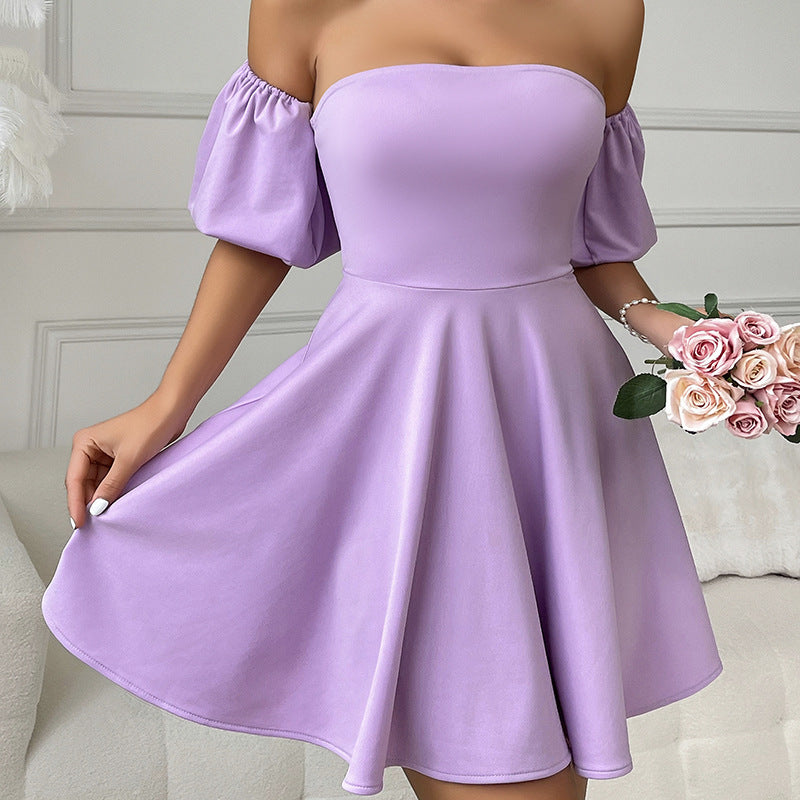 Lilac off-shoulder Stunning Large Swing Dress with puff sleeves and flared skirt for fashion
