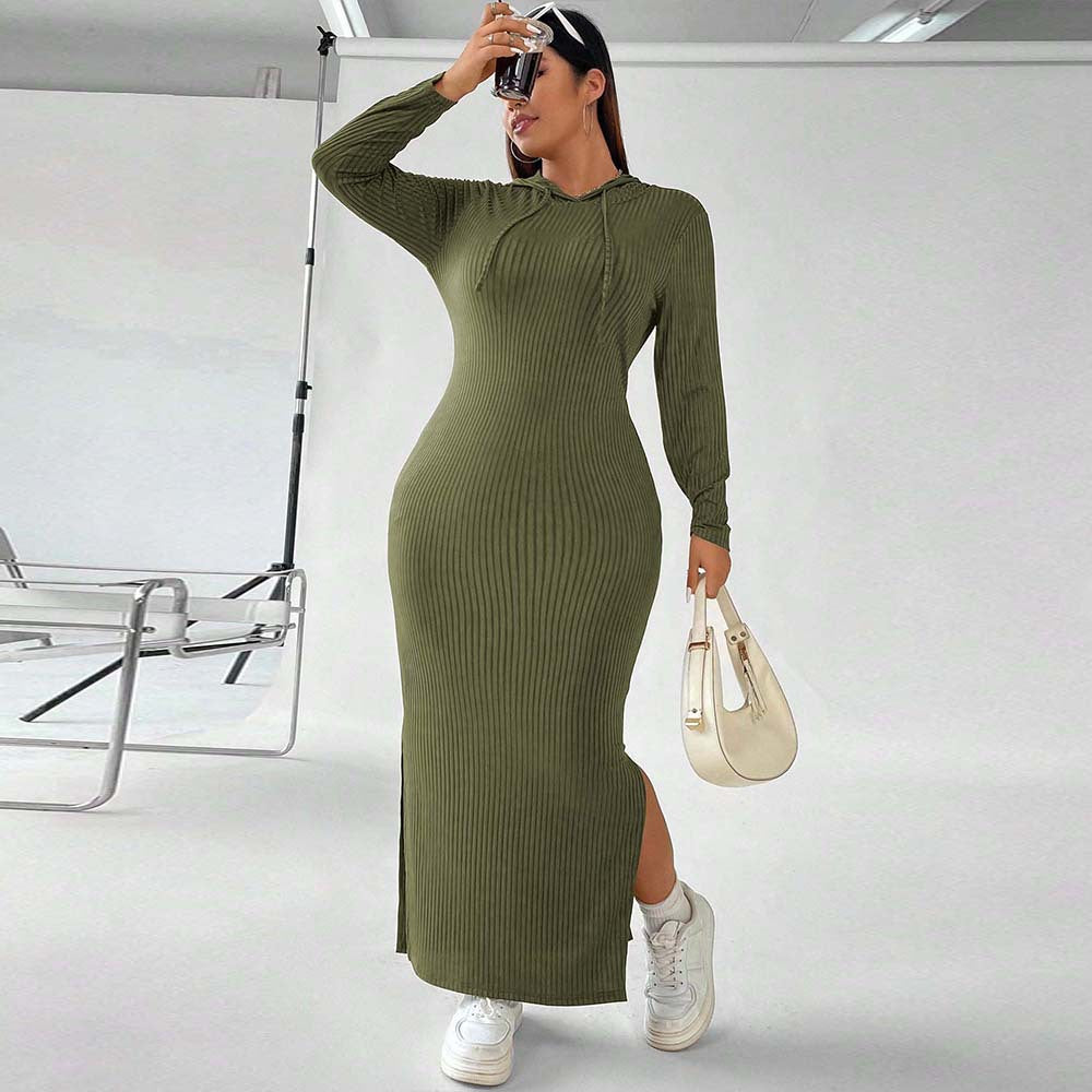 Olive green ribbed hooded maxi dress for winter fashion and casual elegance