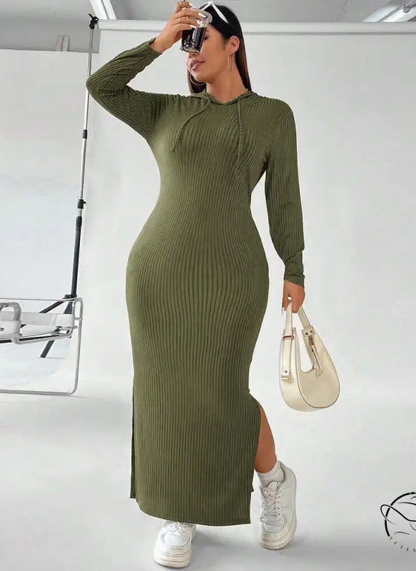 Olive green ribbed hooded winter sheath maxi dress