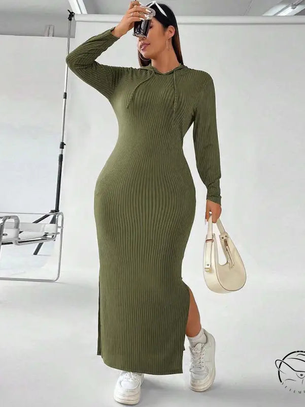 Olive green ribbed hooded winter sheath maxi dress