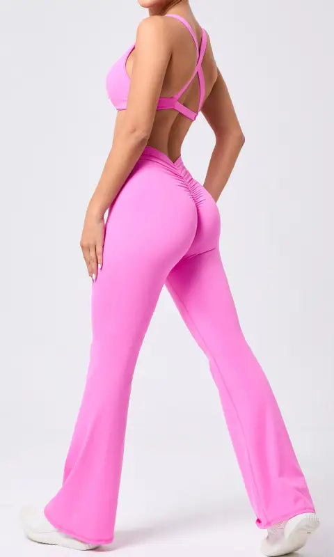 Peach hip raise tight brushed yoga clothes with neon pink flared pants