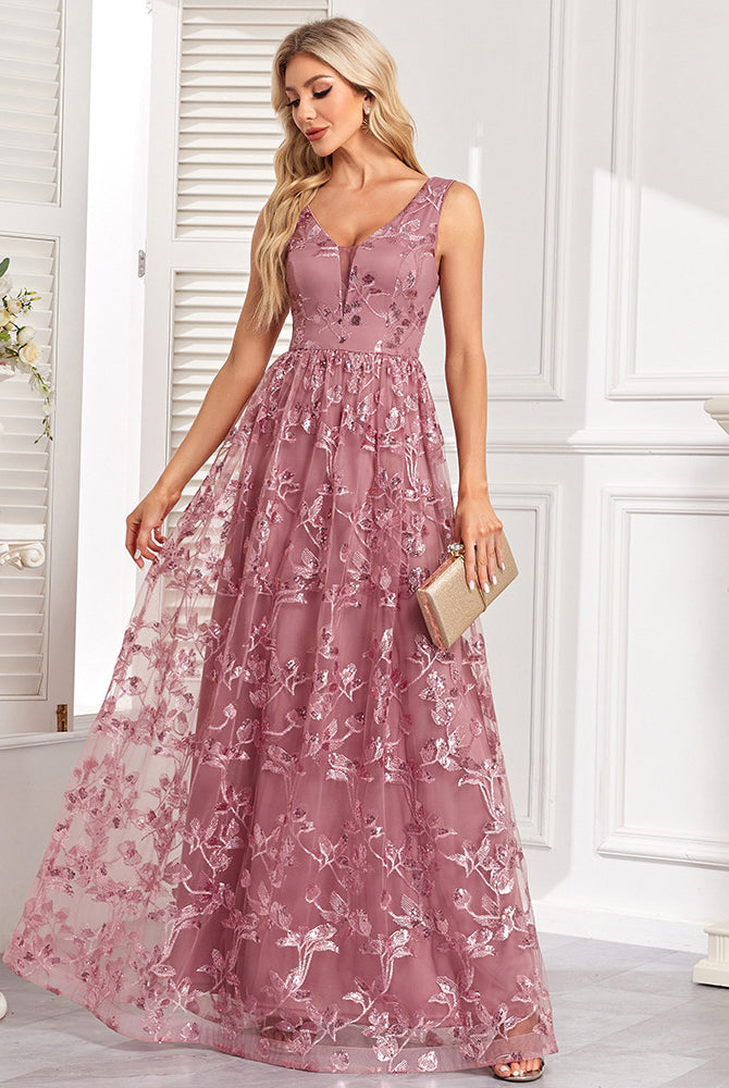 Mauve floral embroidered evening dress with mesh floral print and sleeveless design