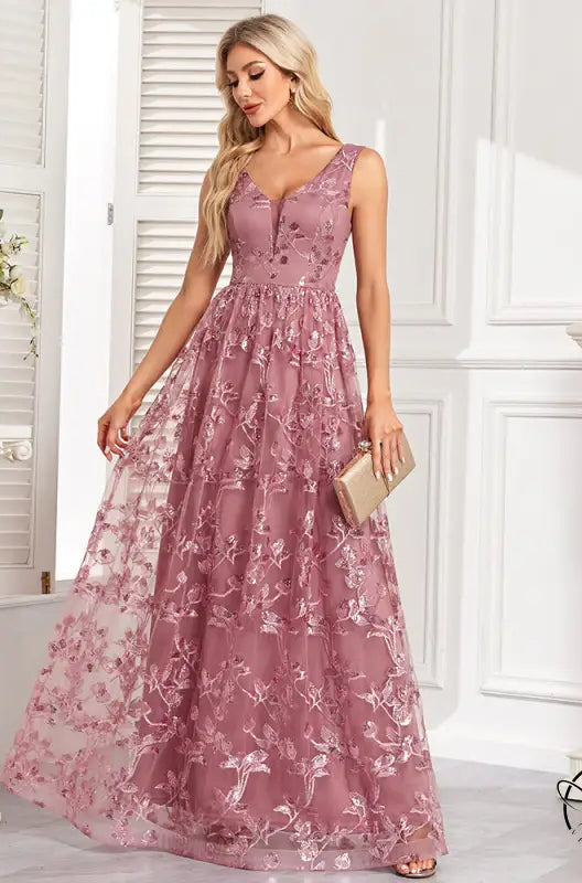 Mauve sleeveless mesh floral print evening dress with embroidery