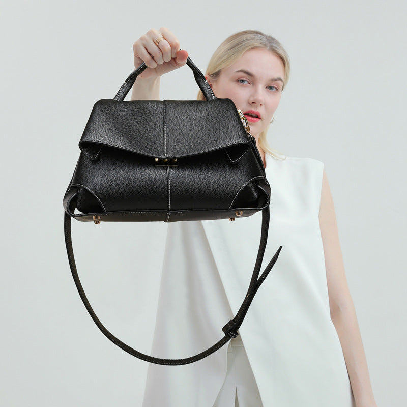 Langry French special design black leather handbag with gold hardware