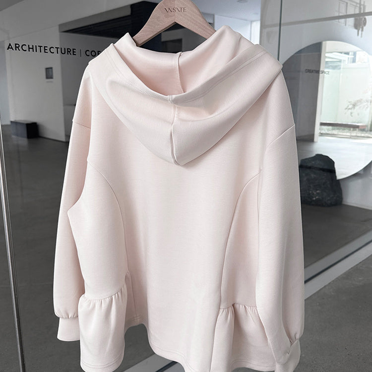 Light pink hooded sweatshirt with ruffled hem from Letian Ruffled Jacket in vetements winter collection