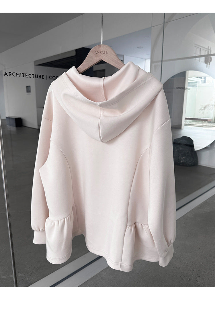 Light pink hooded sweatshirt with ruffled hem from Letian Ruffled Jacket in vetements winter collection