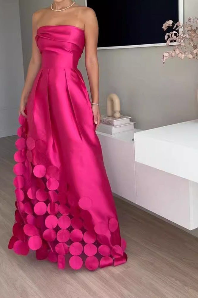 Elegant strapless fuchsia gown with circular embellishments from Amazing High Waist Evening Dress showcasing fashion and ملابس
