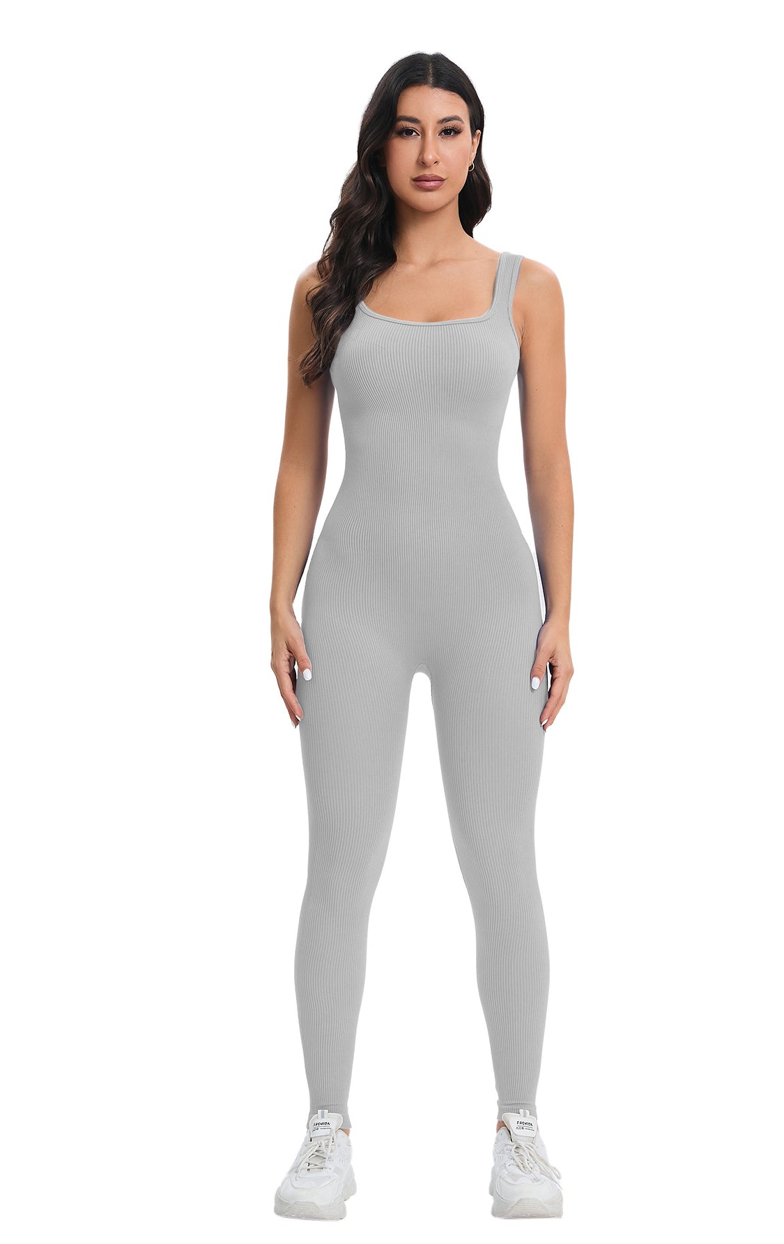 Sleek light gray ribbed langry fashion jumpsuit in peach slim fit
