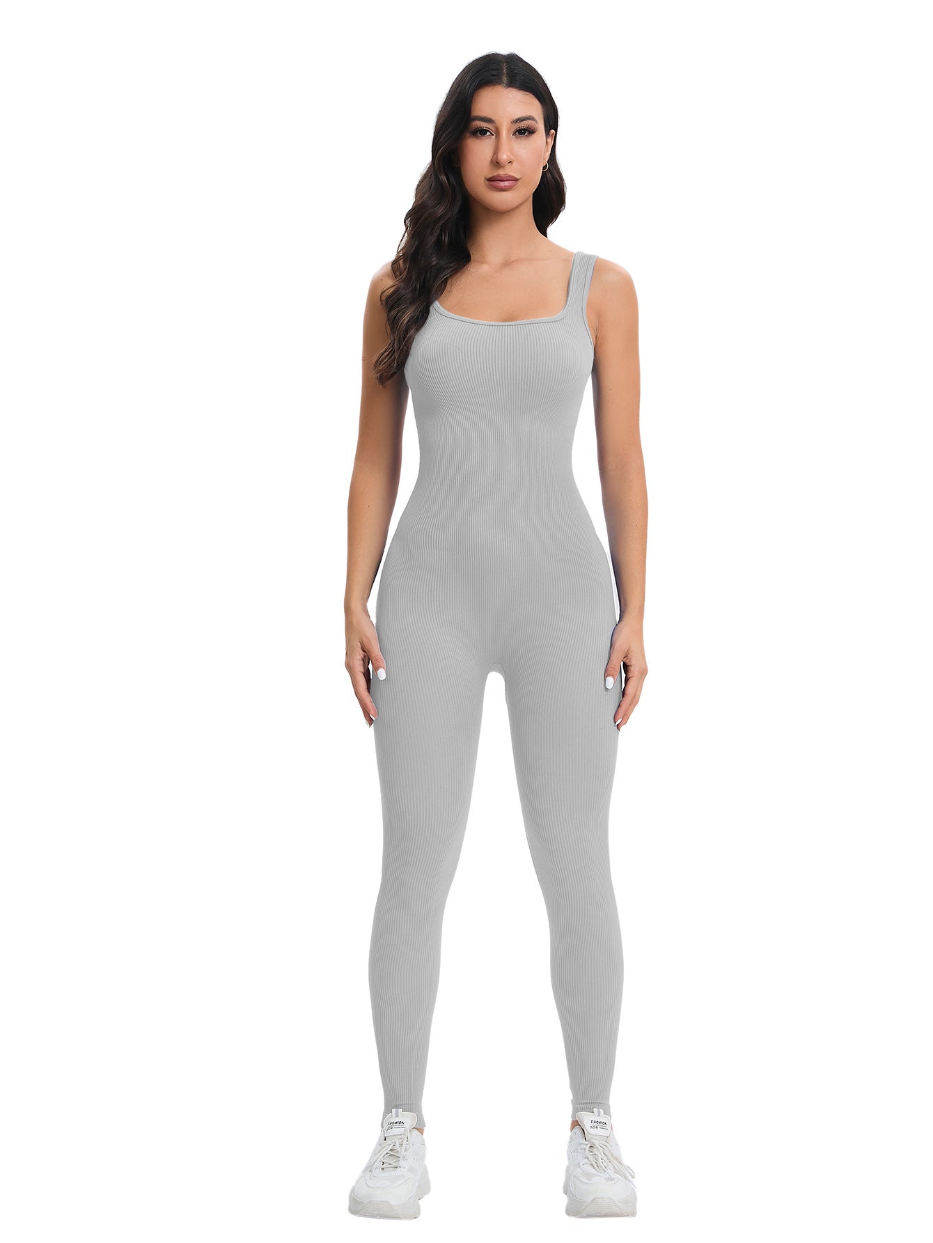 Sleek light gray ribbed langry fashion jumpsuit in peach slim fit