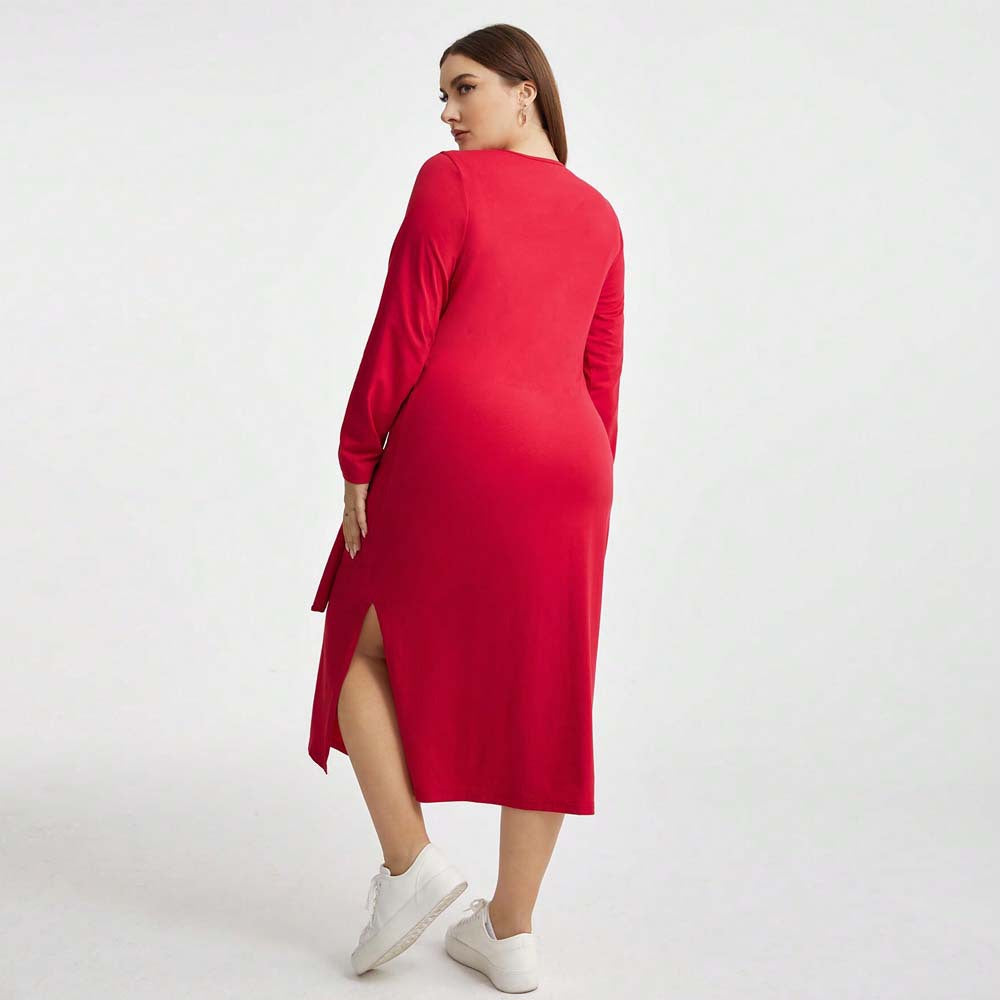 Elegant red long-sleeved midi dress showcasing langry fashion and stylish ملابس