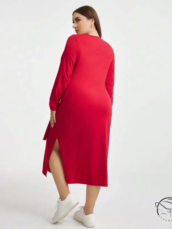 Elegant red high waist lace up long-sleeved midi sheath dress