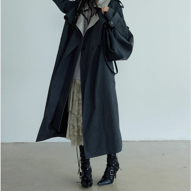 Casual langry fashion trench coat in long dark gray wool with high collar and buttons