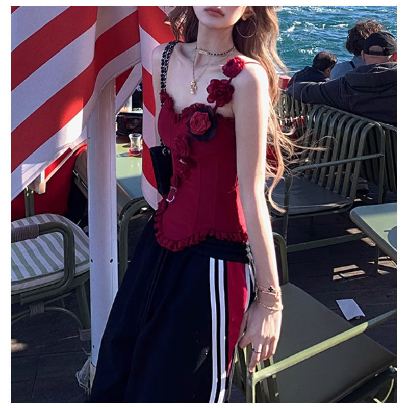 Handmade lace boning corset with red rose sleeveless top and striped skirt