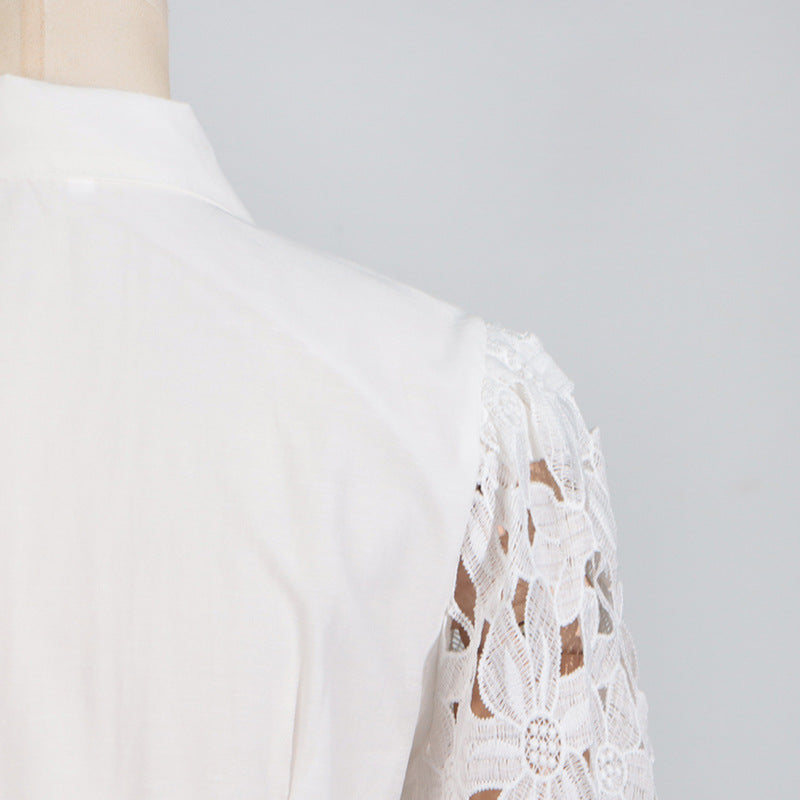 White blouse with floral lace sleeves for a stylish maxi dress in women’s fashion
