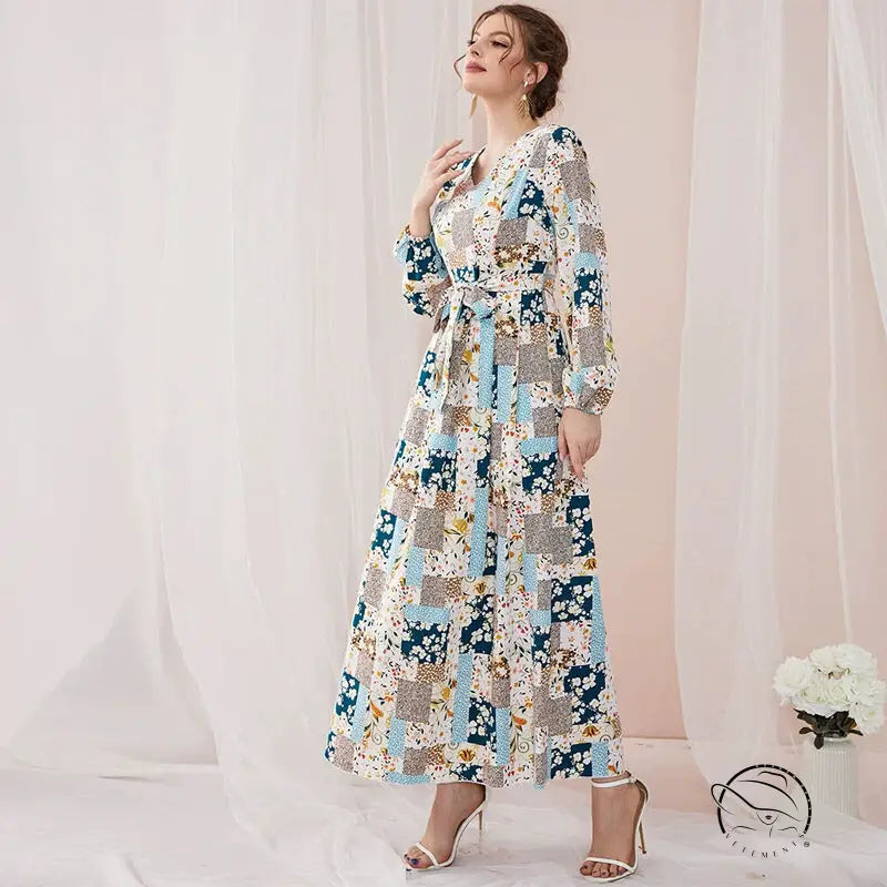 Woman in floral print slim fit fresh maxi dress with patchwork patterns
