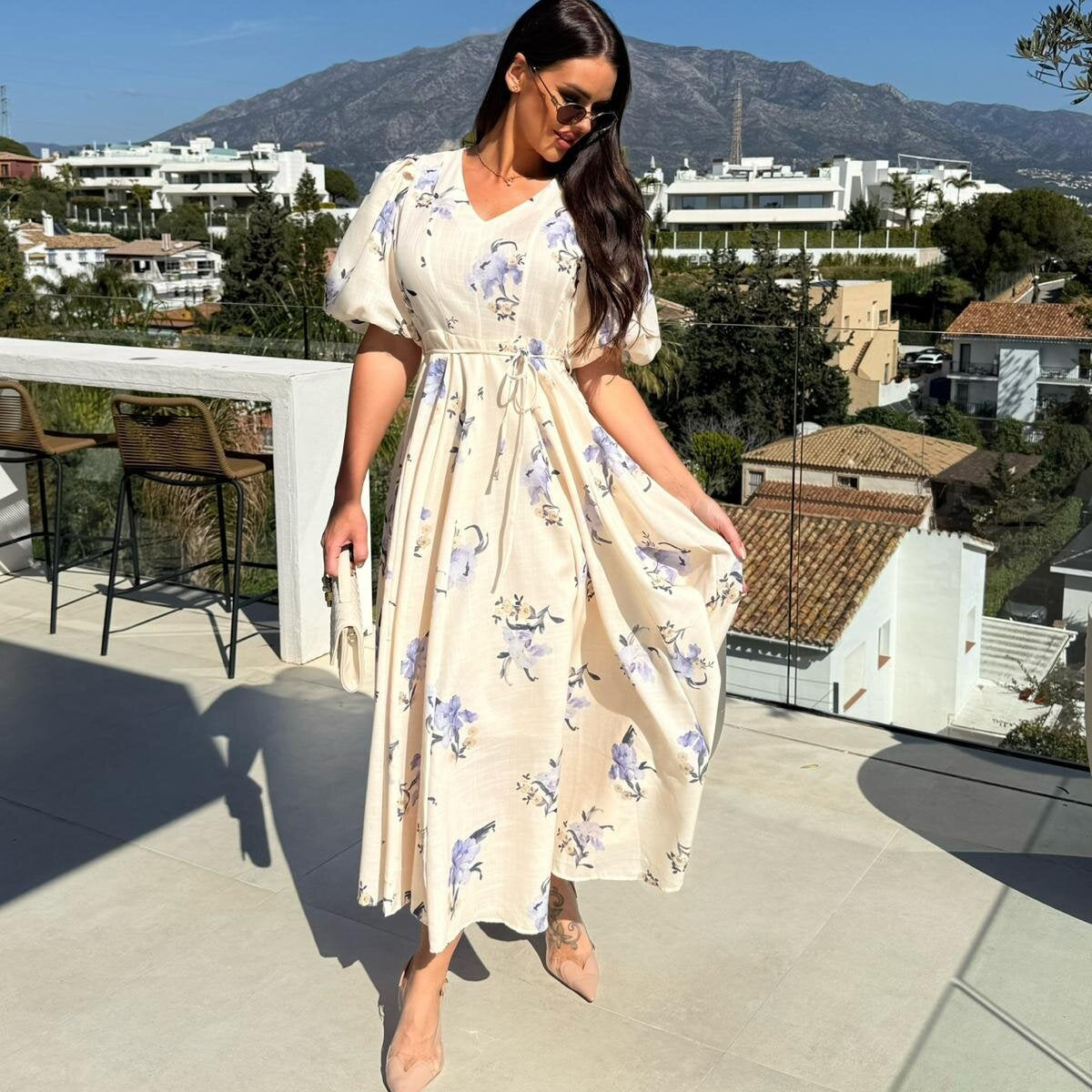 Floral print midi dress featuring puff sleeve design from Enchanting collection in fashion