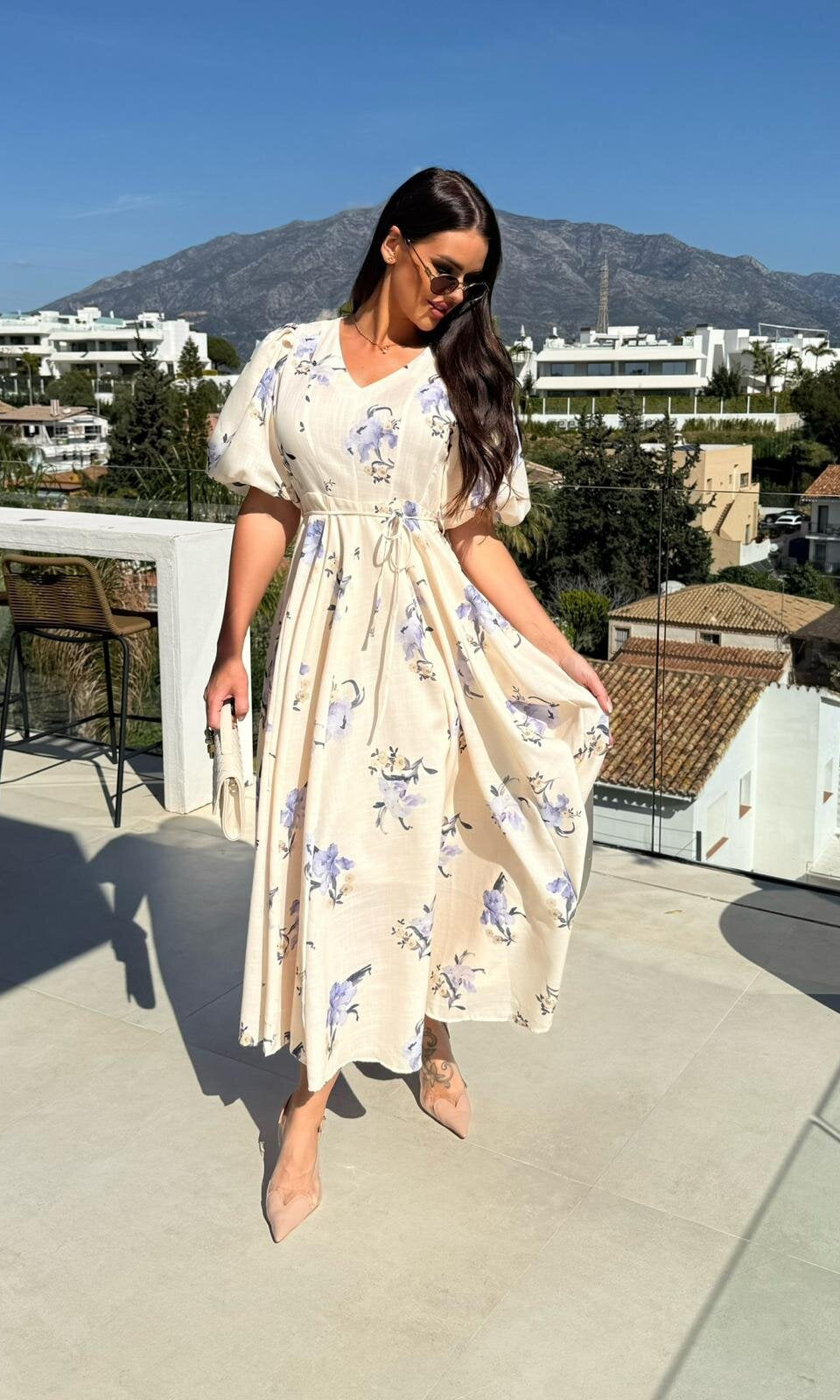 Floral print midi dress featuring puff sleeve design from Enchanting collection in fashion