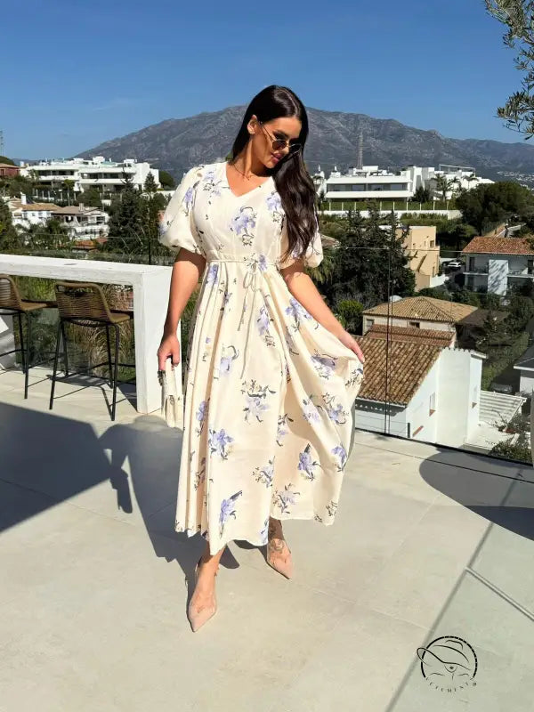 Enchanting puff sleeve large swing dress with floral print midi