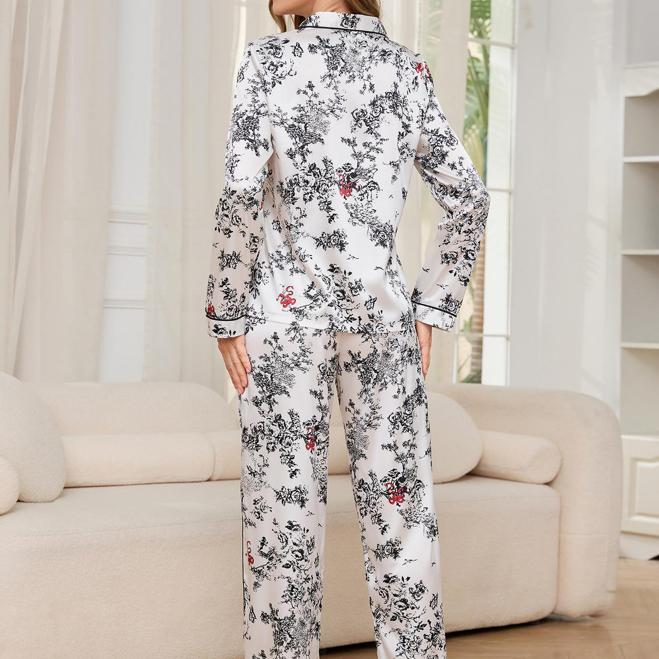 White floral print satin pajama set from Winter Long Sleeved Trousers Home Wear Sets