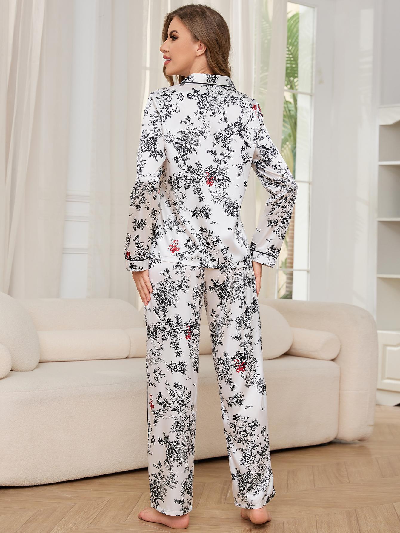White floral print satin pajama set from Winter Long Sleeved Trousers Home Wear Sets