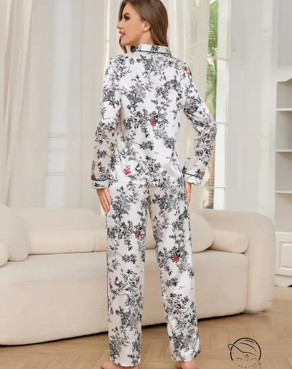 White floral print satin winter long sleeved trousers home wear set