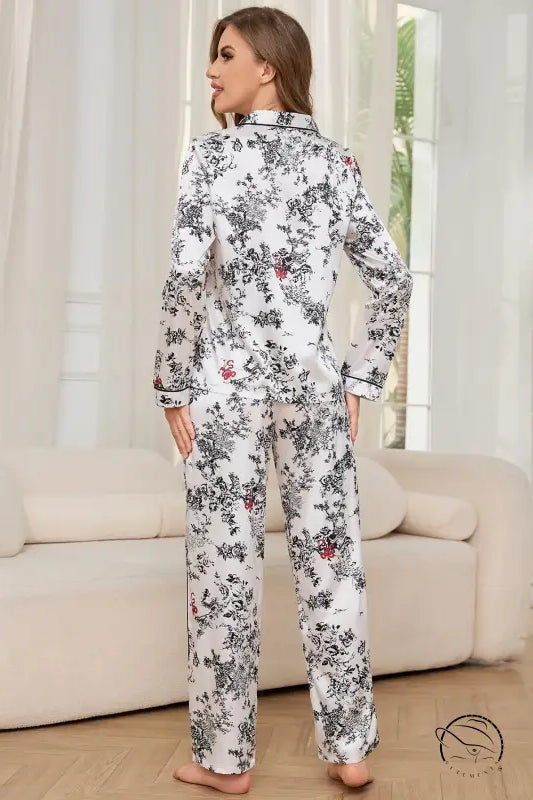 White floral print satin winter long sleeved trousers home wear set