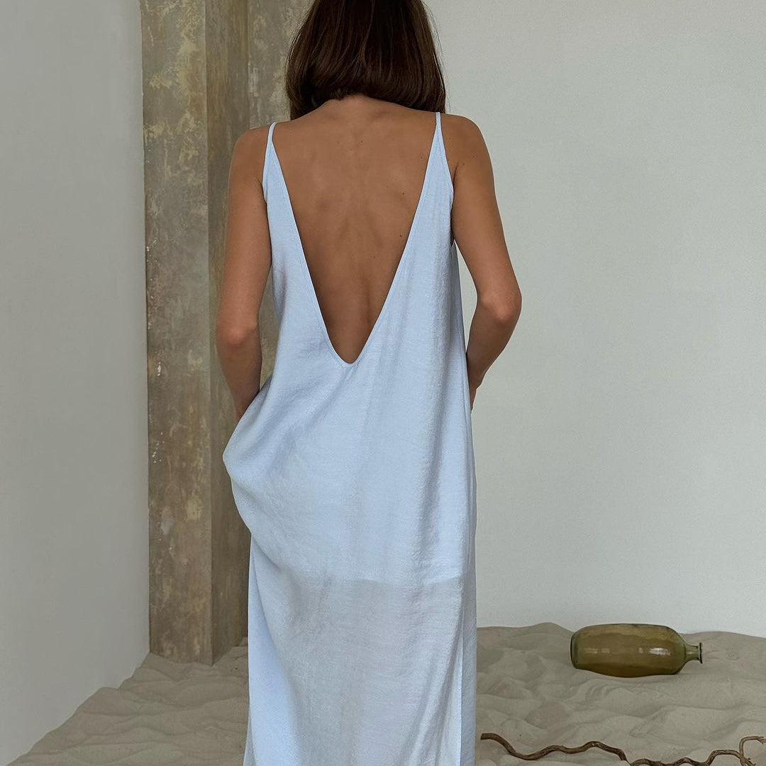 Langry white minimalist pajamas dress with deep back cutout