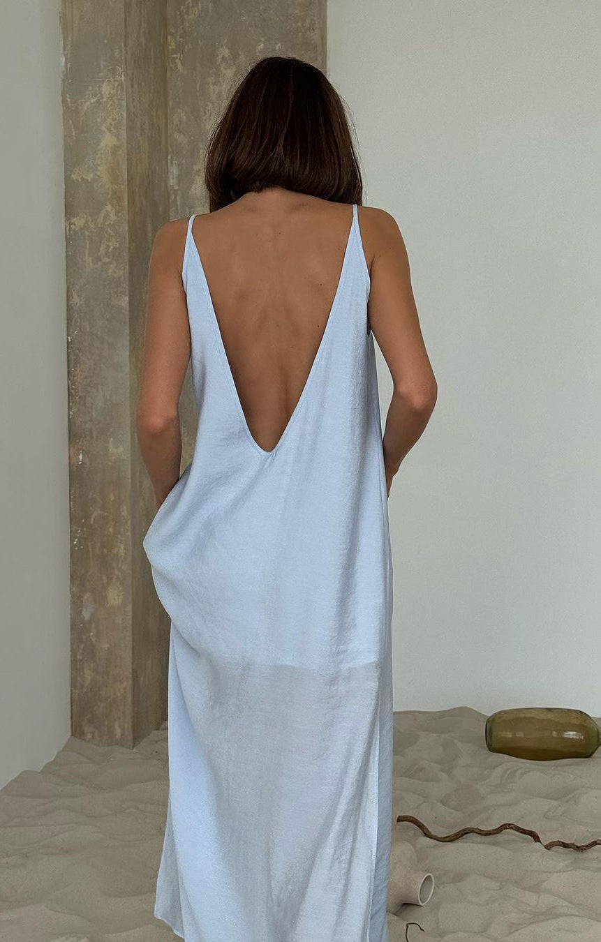 Langry white minimalist pajamas dress with deep back cutout