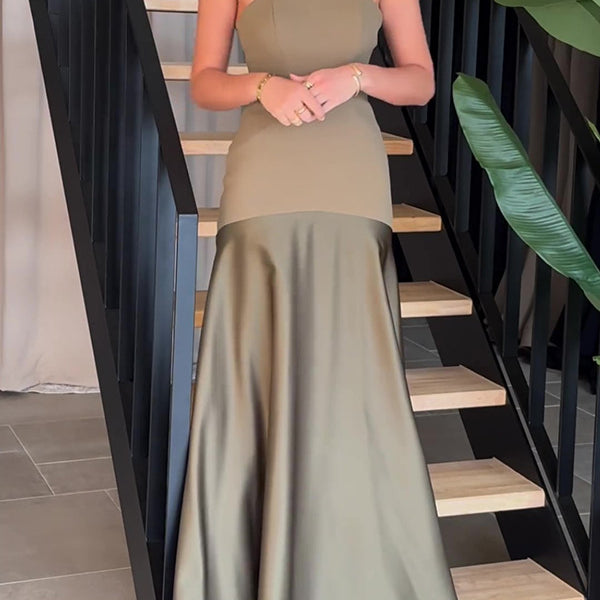 Strapless olive green gown in Beautiful Satin Dress, perfect for elegant fashion choices